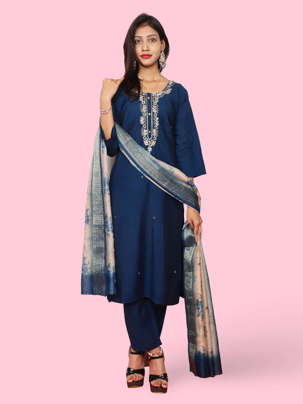 Embroidered Straight Kurta Set with Pant and Dupatta-4