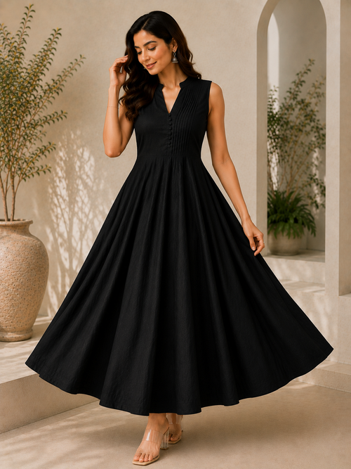 Chandani Midi Black Sleeveless Flared Dress-1