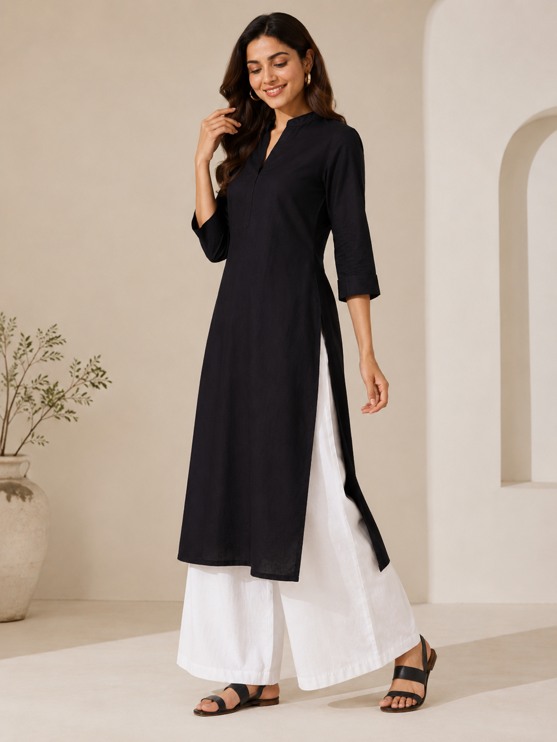 Midnight Black Straight Kurta with White Palazzo Set-1