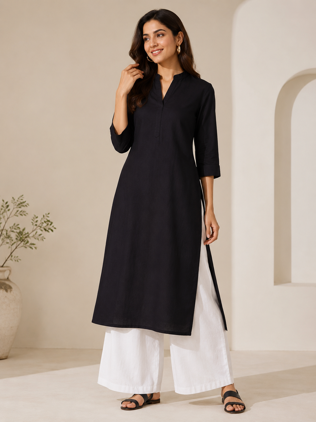 Midnight Black Straight Kurta with White Palazzo Set-0
