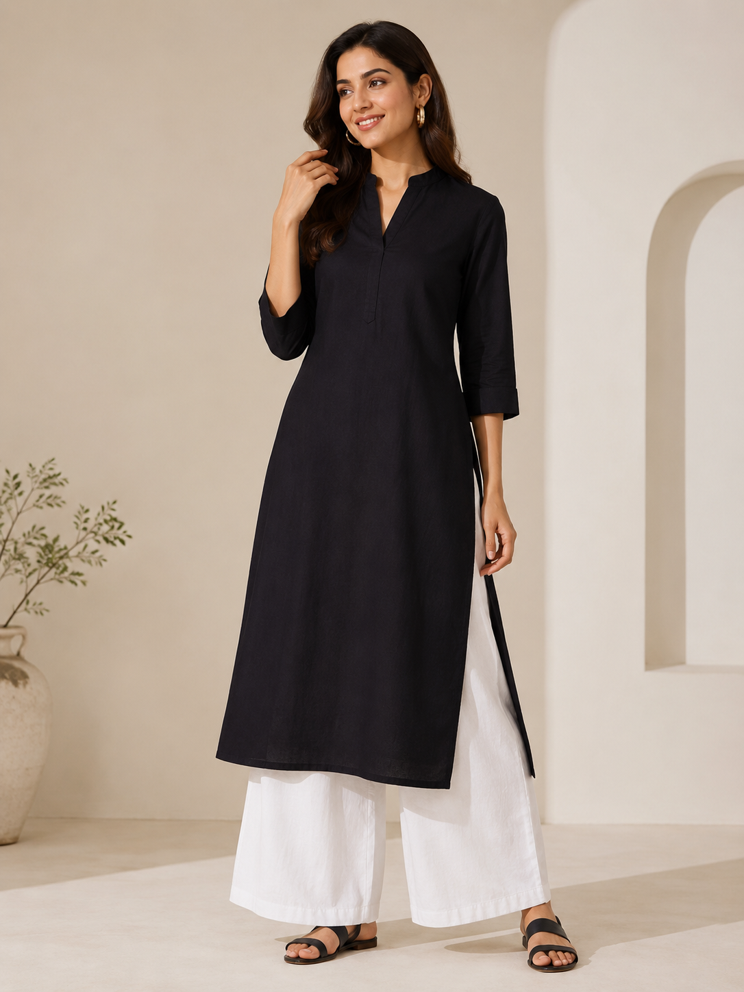 Midnight Black Straight Kurta with White Palazzo Set-0
