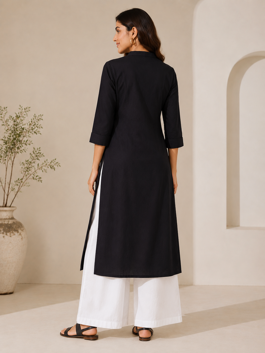 Midnight Black Straight Kurta with White Palazzo Set-2