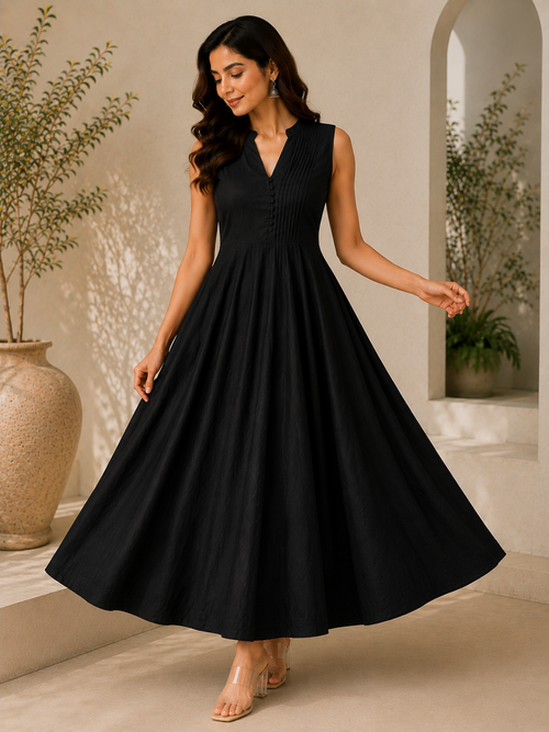 Chandani Midi Black Sleeveless Flared Dress-0